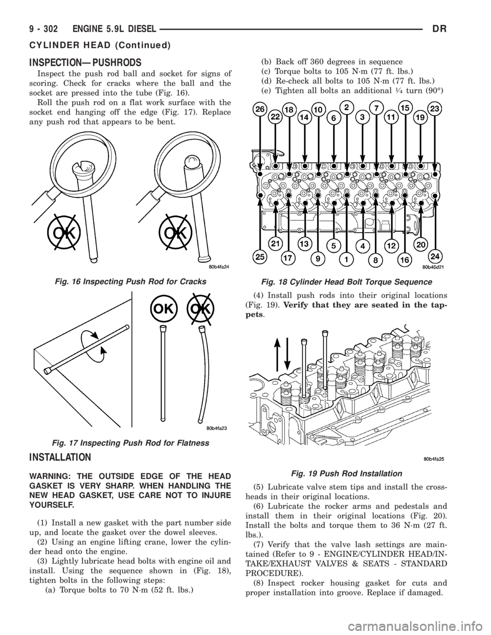 DODGE RAM 2003  Service Service Manual INSPECTIONÐPUSHRODS
Inspect the push rod ball and socket for signs of
scoring. Check for cracks where the ball and the
socket are pressed into the tube (Fig. 16).
Roll the push rod on a flat work sur