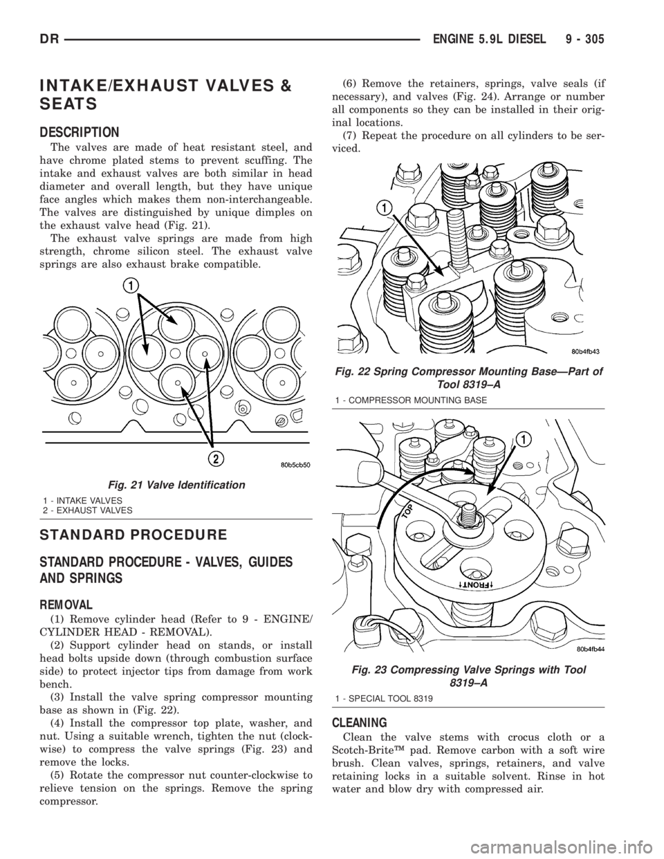 DODGE RAM 2003  Service Repair Manual INTAKE/EXHAUST VALVES &
SEATS
DESCRIPTION
The valves are made of heat resistant steel, and
have chrome plated stems to prevent scuffing. The
intake and exhaust valves are both similar in head
diameter