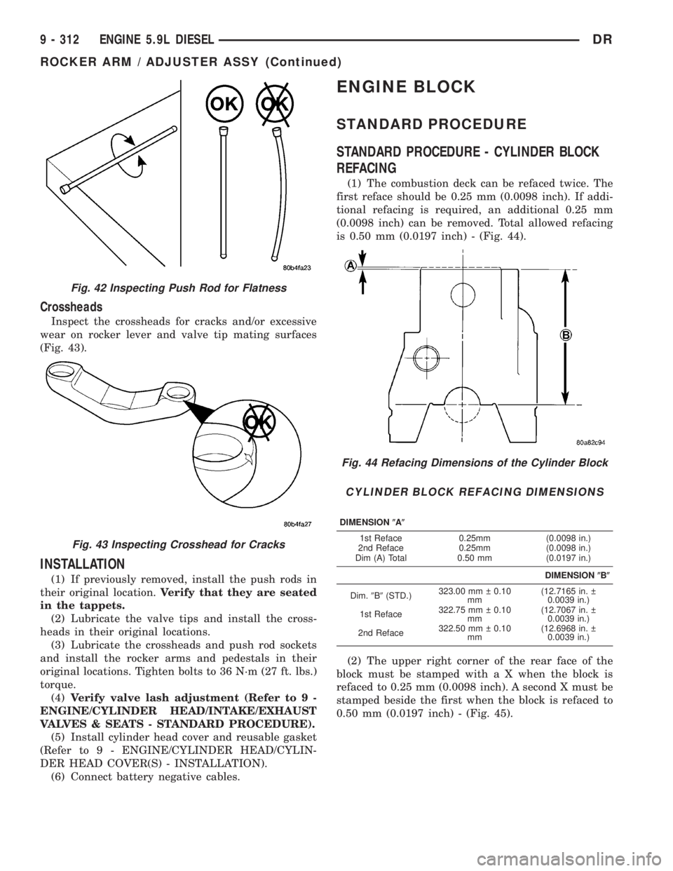 DODGE RAM 2003  Service Repair Manual Crossheads
Inspect the crossheads for cracks and/or excessive
wear on rocker lever and valve tip mating surfaces
(Fig. 43).
INSTALLATION
(1) If previously removed, install the push rods in
their origi