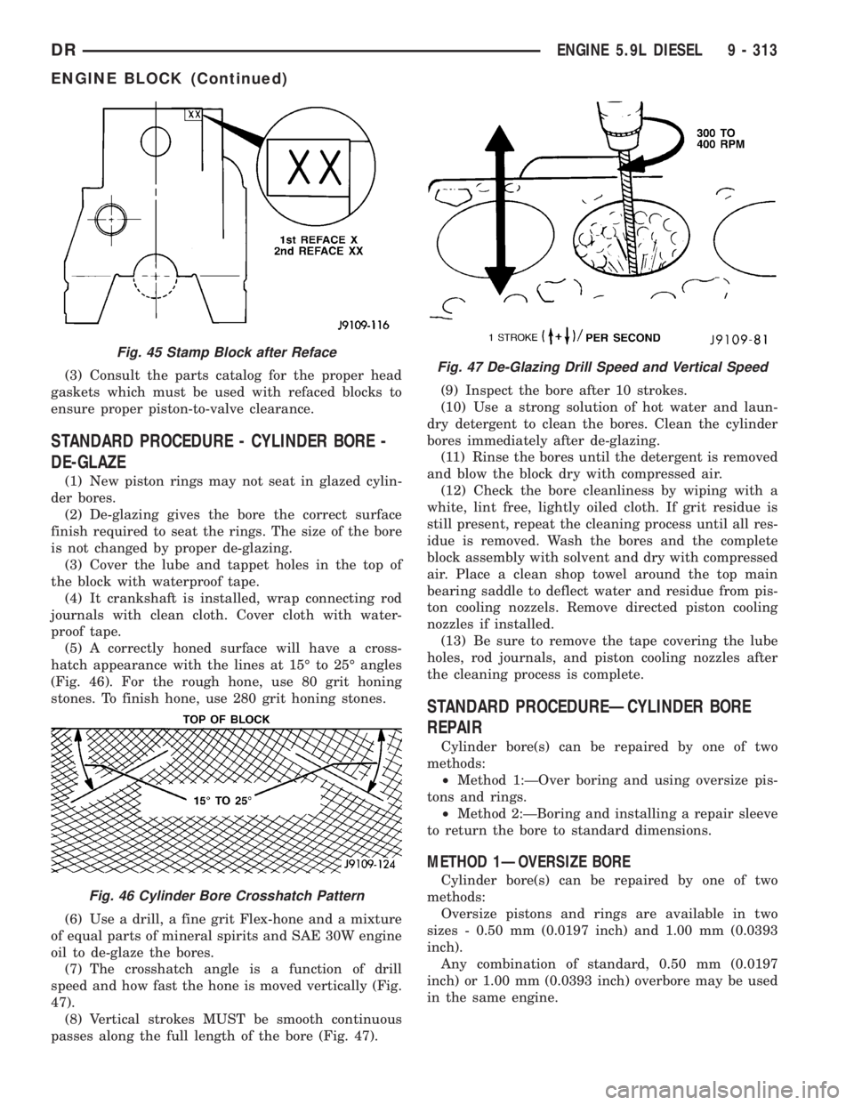 DODGE RAM 2003  Service Repair Manual (3) Consult the parts catalog for the proper head
gaskets which must be used with refaced blocks to
ensure proper piston-to-valve clearance.
STANDARD PROCEDURE - CYLINDER BORE -
DE-GLAZE
(1) New pisto
