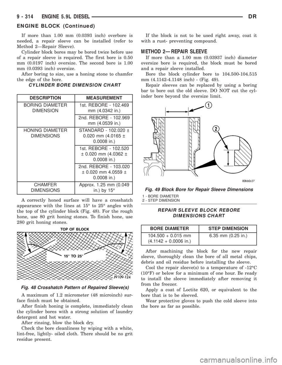 DODGE RAM 2003  Service Repair Manual If more than 1.00 mm (0.0393 inch) overbore is
needed, a repair sleeve can be installed (refer to
Method 2ÐRepair Sleeve).
Cylinder block bores may be bored twice before use
of a repair sleeve is req