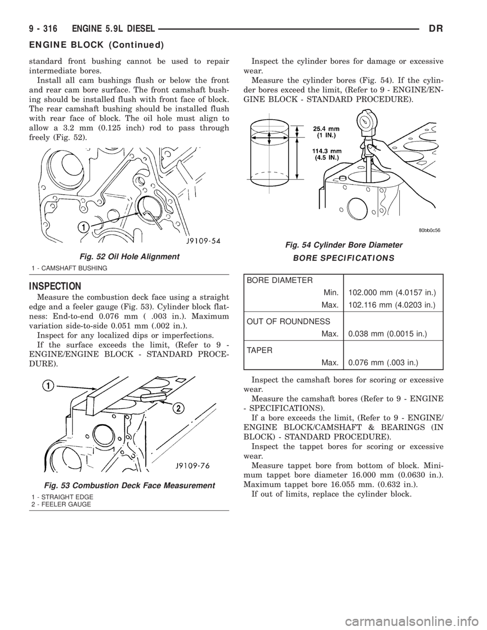 DODGE RAM 2003  Service Repair Manual standard front bushing cannot be used to repair
intermediate bores.
Install all cam bushings flush or below the front
and rear cam bore surface. The front camshaft bush-
ing should be installed flush 