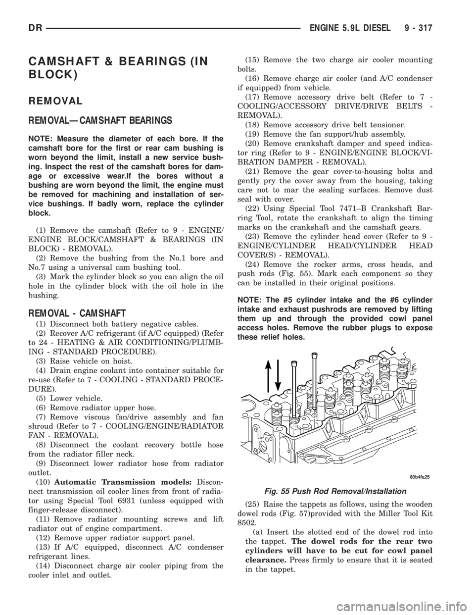 DODGE RAM 2003  Service Repair Manual CAMSHAFT & BEARINGS (IN
BLOCK)
REMOVAL
REMOVALÐCAMSHAFT BEARINGS
NOTE: Measure the diameter of each bore. If the
camshaft bore for the first or rear cam bushing is
worn beyond the limit, install a ne