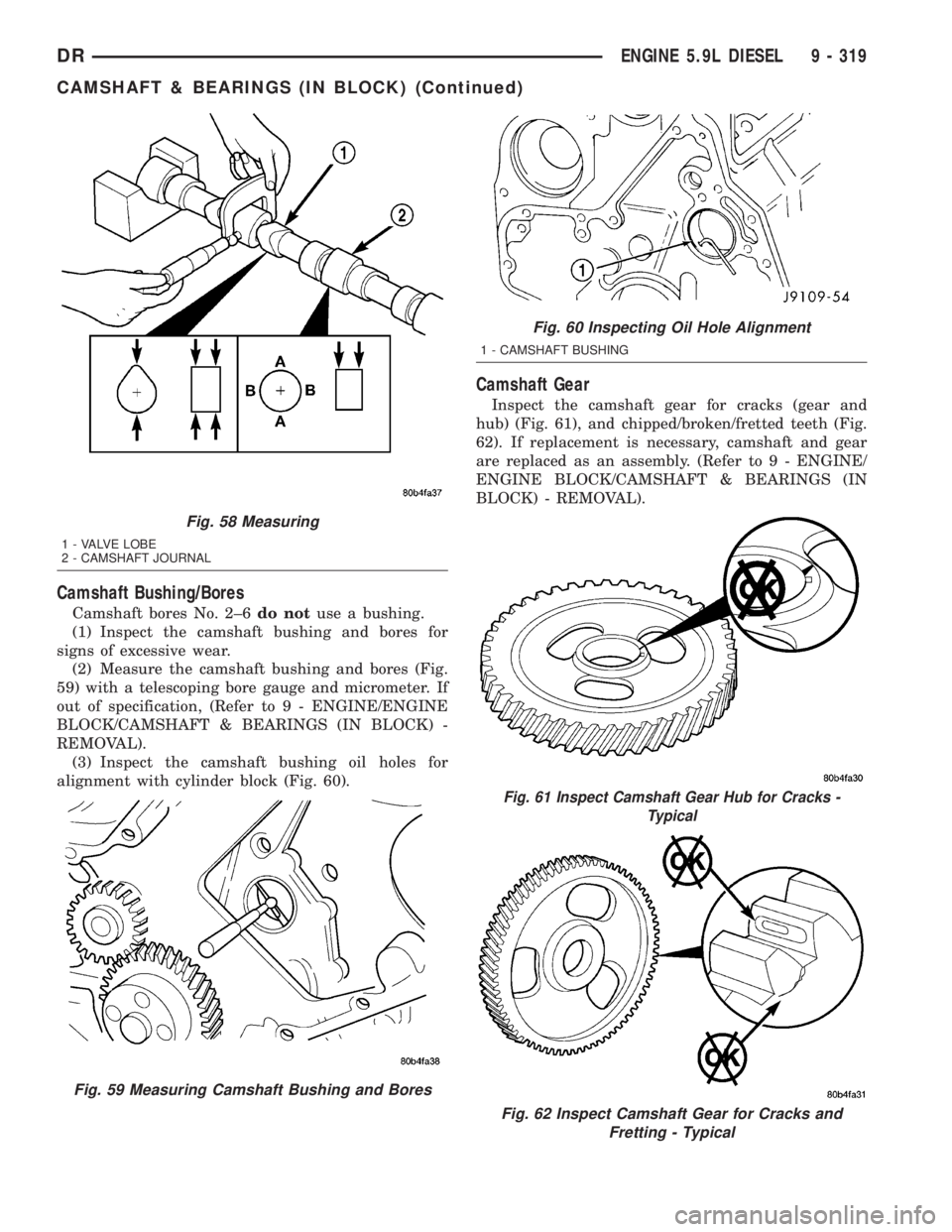 DODGE RAM 2003  Service Repair Manual Camshaft Bushing/Bores
Camshaft bores No. 2±6do notuse a bushing.
(1) Inspect the camshaft bushing and bores for
signs of excessive wear.
(2) Measure the camshaft bushing and bores (Fig.
59) with a t
