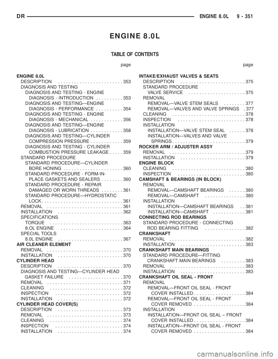 DODGE RAM 2003 Service Repair Manual ENGINE 8.0L
TABLE OF CONTENTS
page page
ENGINE 8.0L
DESCRIPTION........................353
DIAGNOSIS AND TESTING
DIAGNOSIS AND TESTING - ENGINE
DIAGNOSIS - INTRODUCTION..........353
DIAGNOSIS AND TEST DODGE RAM 2003 Service Repair Manual ENGINE 8.0L
TABLE OF CONTENTS
page page
ENGINE 8.0L
DESCRIPTION........................353
DIAGNOSIS AND TESTING
DIAGNOSIS AND TESTING - ENGINE
DIAGNOSIS - INTRODUCTION..........353
DIAGNOSIS AND TEST