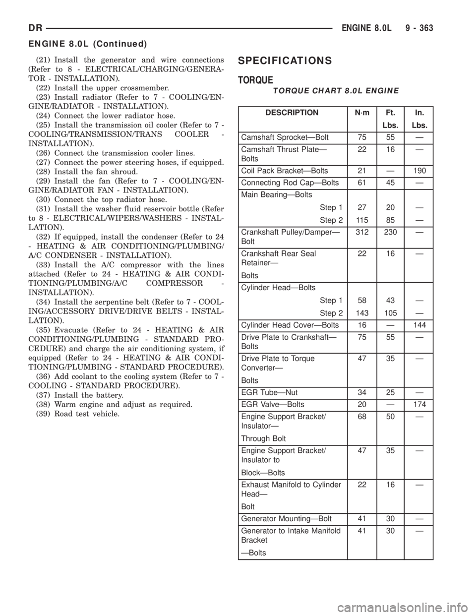 DODGE RAM 2003 Service Repair Manual (21) Install the generator and wire connections
(Refer to 8 - ELECTRICAL/CHARGING/GENERA-
TOR - INSTALLATION).
(22) Install the upper crossmember.
(23) Install radiator (Refer to 7 - COOLING/EN-
GINE/ DODGE RAM 2003 Service Repair Manual (21) Install the generator and wire connections
(Refer to 8 - ELECTRICAL/CHARGING/GENERA-
TOR - INSTALLATION).
(22) Install the upper crossmember.
(23) Install radiator (Refer to 7 - COOLING/EN-
GINE/