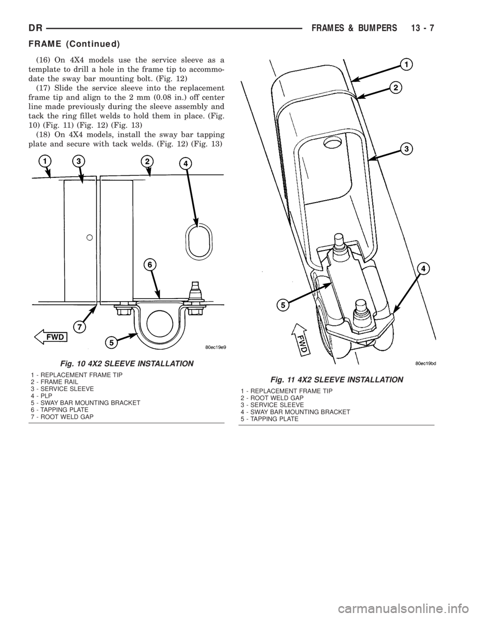 DODGE RAM 2003 Service Repair Manual (16) On 4X4 models use the service sleeve as a
template to drill a hole in the frame tip to accommo-
date the sway bar mounting bolt. (Fig. 12)
(17) Slide the service sleeve into the replacement
frame DODGE RAM 2003 Service Repair Manual (16) On 4X4 models use the service sleeve as a
template to drill a hole in the frame tip to accommo-
date the sway bar mounting bolt. (Fig. 12)
(17) Slide the service sleeve into the replacement
frame