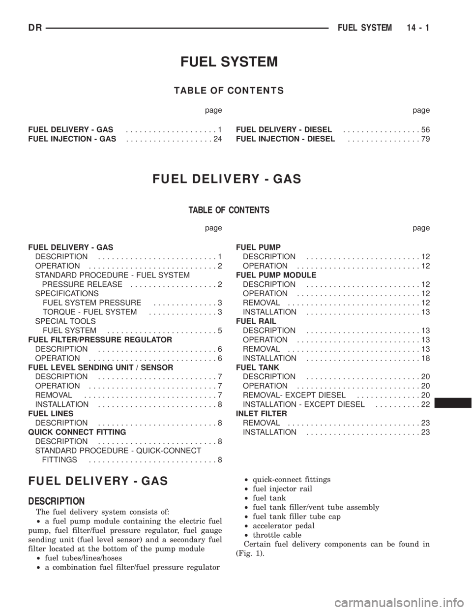 DODGE RAM 2003 Service Repair Manual FUEL SYSTEM
TABLE OF CONTENTS
page page
FUEL DELIVERY - GAS....................1
FUEL INJECTION - GAS...................24FUEL DELIVERY - DIESEL.................56
FUEL INJECTION - DIESEL............. DODGE RAM 2003 Service Repair Manual FUEL SYSTEM
TABLE OF CONTENTS
page page
FUEL DELIVERY - GAS....................1
FUEL INJECTION - GAS...................24FUEL DELIVERY - DIESEL.................56
FUEL INJECTION - DIESEL.............