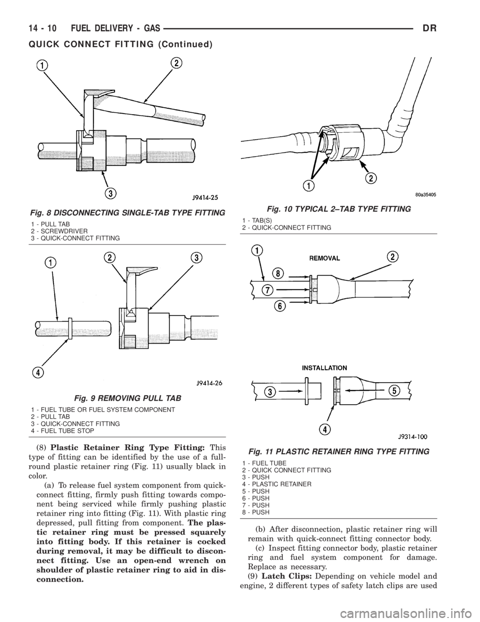 DODGE RAM 2003 Service Repair Manual (8)Plastic Retainer Ring Type Fitting:This
type of fitting can be identified by the use of a full-
round plastic retainer ring (Fig. 11) usually black in
color.
(a) To release fuel system component fr DODGE RAM 2003 Service Repair Manual (8)Plastic Retainer Ring Type Fitting:This
type of fitting can be identified by the use of a full-
round plastic retainer ring (Fig. 11) usually black in
color.
(a) To release fuel system component fr