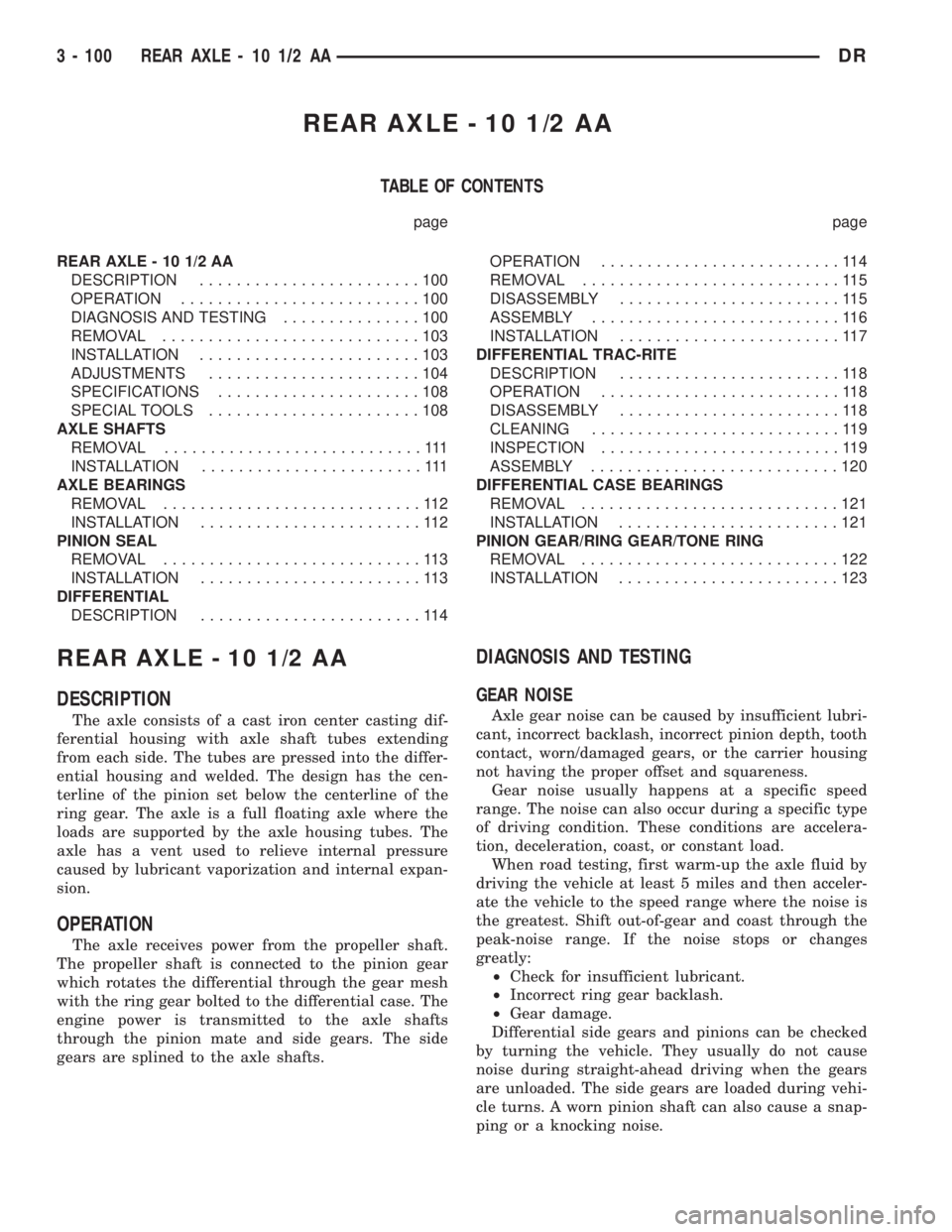 DODGE RAM 2003 Service Owners Guide REAR AXLE - 10 1/2 AA
TABLE OF CONTENTS
page page
REAR AXLE - 10 1/2 AA
DESCRIPTION........................100
OPERATION..........................100
DIAGNOSIS AND TESTING...............100
REMOVAL... DODGE RAM 2003 Service Owners Guide REAR AXLE - 10 1/2 AA
TABLE OF CONTENTS
page page
REAR AXLE - 10 1/2 AA
DESCRIPTION........................100
OPERATION..........................100
DIAGNOSIS AND TESTING...............100
REMOVAL...
