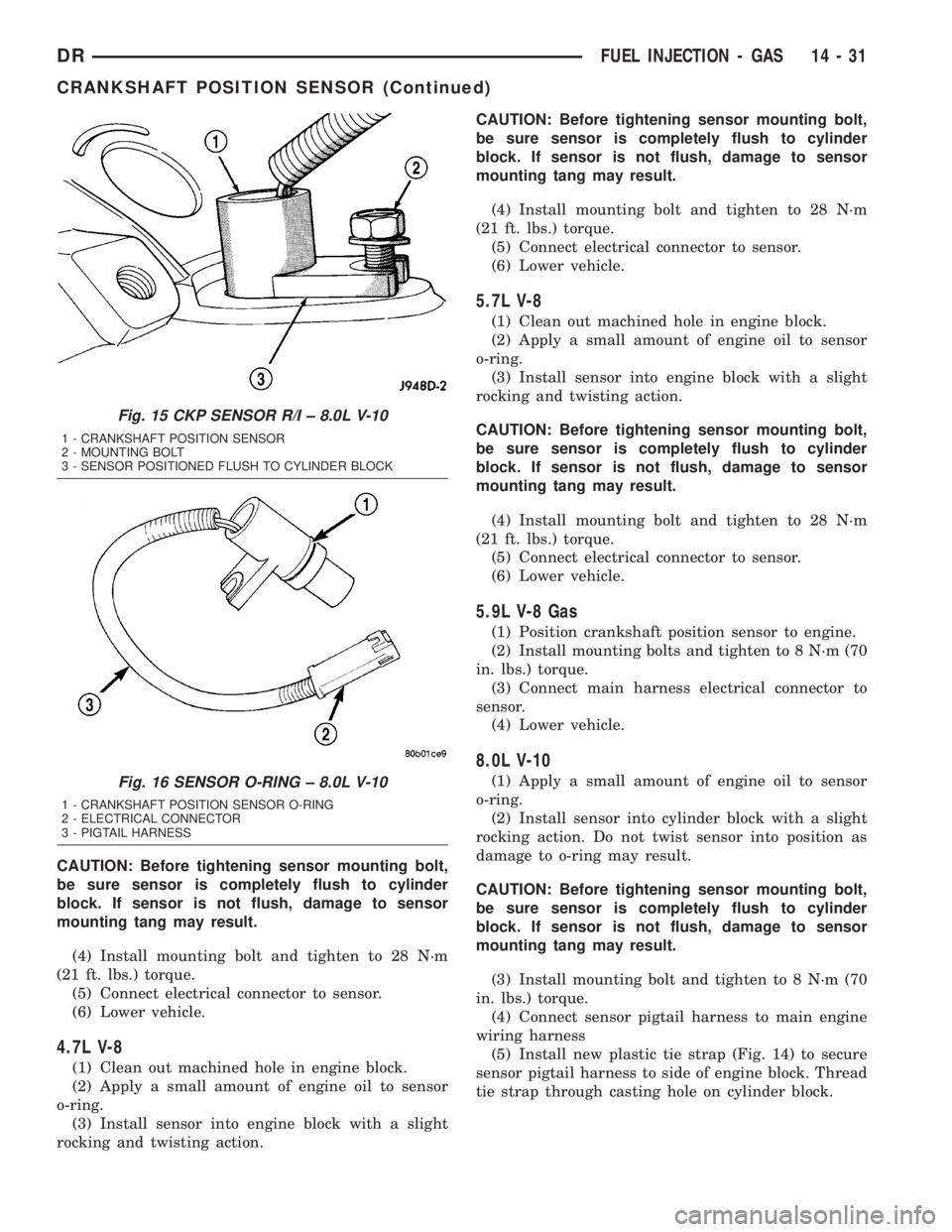 DODGE RAM 2003 Service Repair Manual CAUTION: Before tightening sensor mounting bolt,
be sure sensor is completely flush to cylinder
block. If sensor is not flush, damage to sensor
mounting tang may result.
(4) Install mounting bolt and DODGE RAM 2003 Service Repair Manual CAUTION: Before tightening sensor mounting bolt,
be sure sensor is completely flush to cylinder
block. If sensor is not flush, damage to sensor
mounting tang may result.
(4) Install mounting bolt and