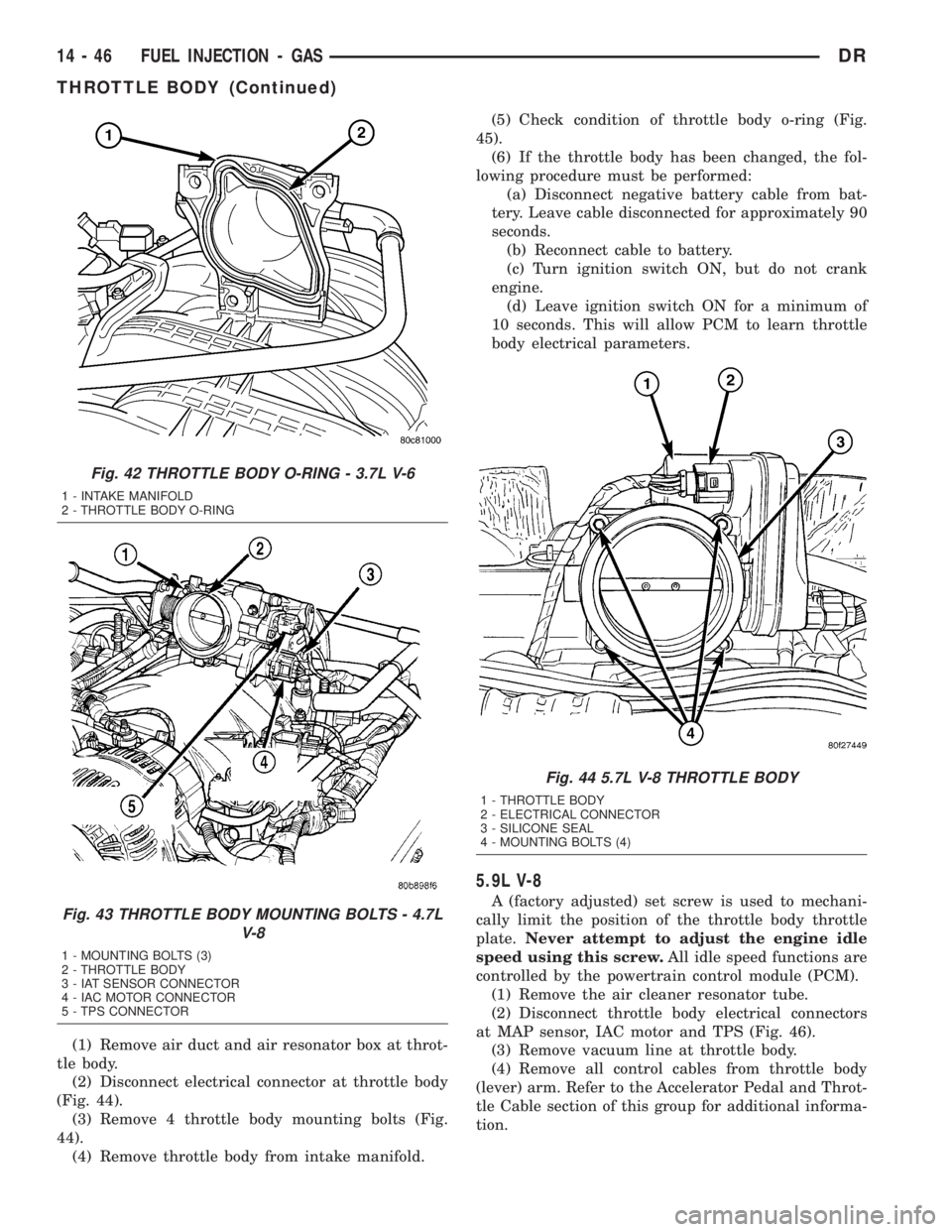 DODGE RAM 2003 Service Repair Manual (1) Remove air duct and air resonator box at throt-
tle body.
(2) Disconnect electrical connector at throttle body
(Fig. 44).
(3) Remove 4 throttle body mounting bolts (Fig.
44).
(4) Remove throttle b DODGE RAM 2003 Service Repair Manual (1) Remove air duct and air resonator box at throt-
tle body.
(2) Disconnect electrical connector at throttle body
(Fig. 44).
(3) Remove 4 throttle body mounting bolts (Fig.
44).
(4) Remove throttle b