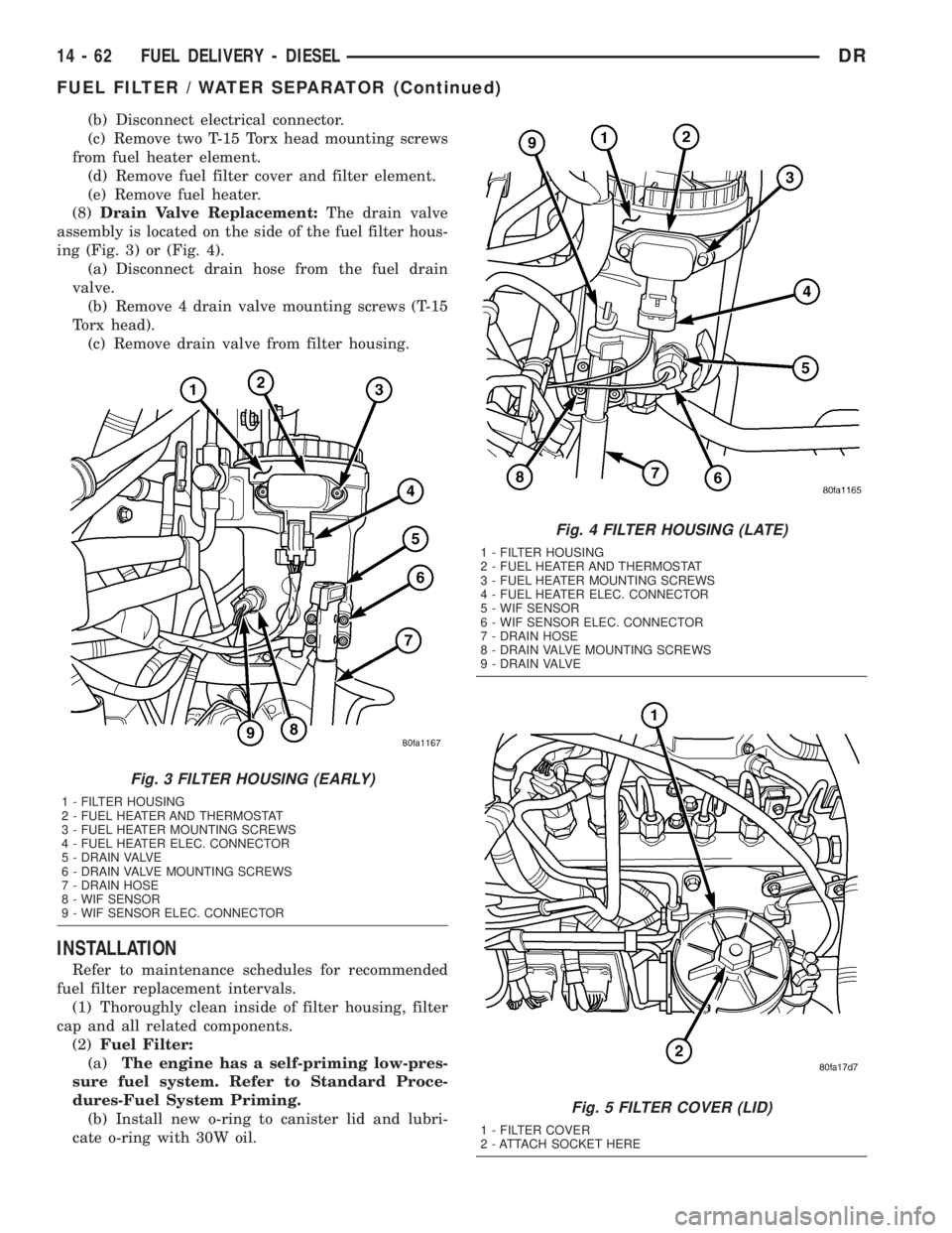 DODGE RAM 2003 Service Repair Manual (b) Disconnect electrical connector.
(c) Remove two T-15 Torx head mounting screws
from fuel heater element.
(d) Remove fuel filter cover and filter element.
(e) Remove fuel heater.
(8)Drain Valve Rep DODGE RAM 2003 Service Repair Manual (b) Disconnect electrical connector.
(c) Remove two T-15 Torx head mounting screws
from fuel heater element.
(d) Remove fuel filter cover and filter element.
(e) Remove fuel heater.
(8)Drain Valve Rep