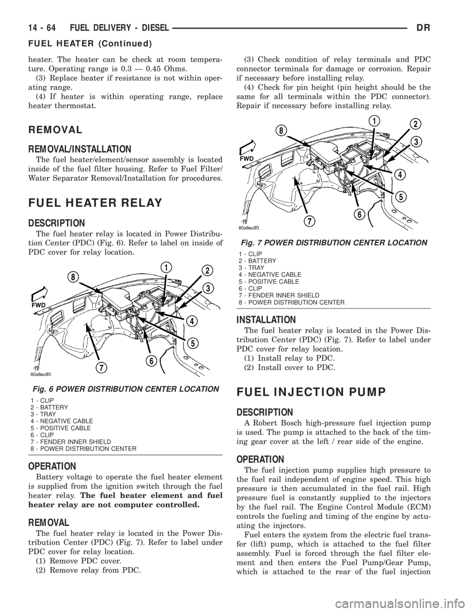 DODGE RAM 2003 Service Repair Manual heater. The heater can be check at room tempera-
ture. Operating range is 0.3 Ð 0.45 Ohms.
(3) Replace heater if resistance is not within oper-
ating range.
(4) If heater is within operating range, r DODGE RAM 2003 Service Repair Manual heater. The heater can be check at room tempera-
ture. Operating range is 0.3 Ð 0.45 Ohms.
(3) Replace heater if resistance is not within oper-
ating range.
(4) If heater is within operating range, r