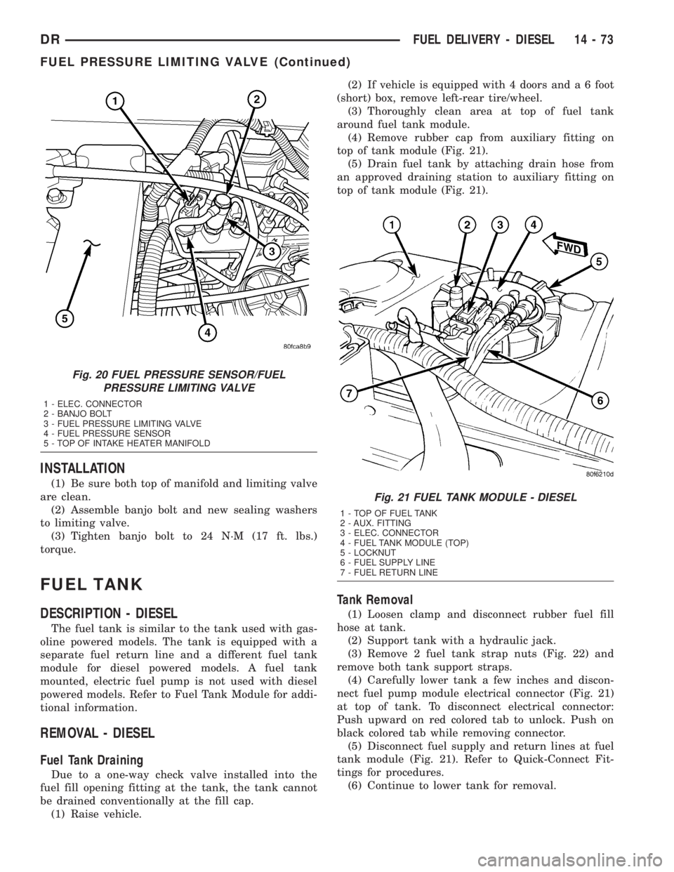DODGE RAM 2003 Service Repair Manual INSTALLATION
(1) Be sure both top of manifold and limiting valve
are clean.
(2) Assemble banjo bolt and new sealing washers
to limiting valve.
(3) Tighten banjo bolt to 24 N´M (17 ft. lbs.)
torque.
F DODGE RAM 2003 Service Repair Manual INSTALLATION
(1) Be sure both top of manifold and limiting valve
are clean.
(2) Assemble banjo bolt and new sealing washers
to limiting valve.
(3) Tighten banjo bolt to 24 N´M (17 ft. lbs.)
torque.
F