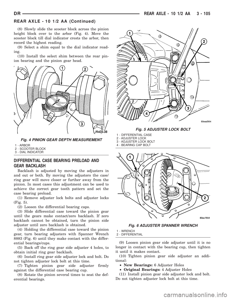 DODGE RAM 2003 Service Repair Manual (8) Slowly slide the scooter block across the pinion
height block over to the arbor (Fig. 4). Move the
scooter block till dial indicator crests the arbor, then
record the highest reading.
(9) Select a DODGE RAM 2003 Service Repair Manual (8) Slowly slide the scooter block across the pinion
height block over to the arbor (Fig. 4). Move the
scooter block till dial indicator crests the arbor, then
record the highest reading.
(9) Select a