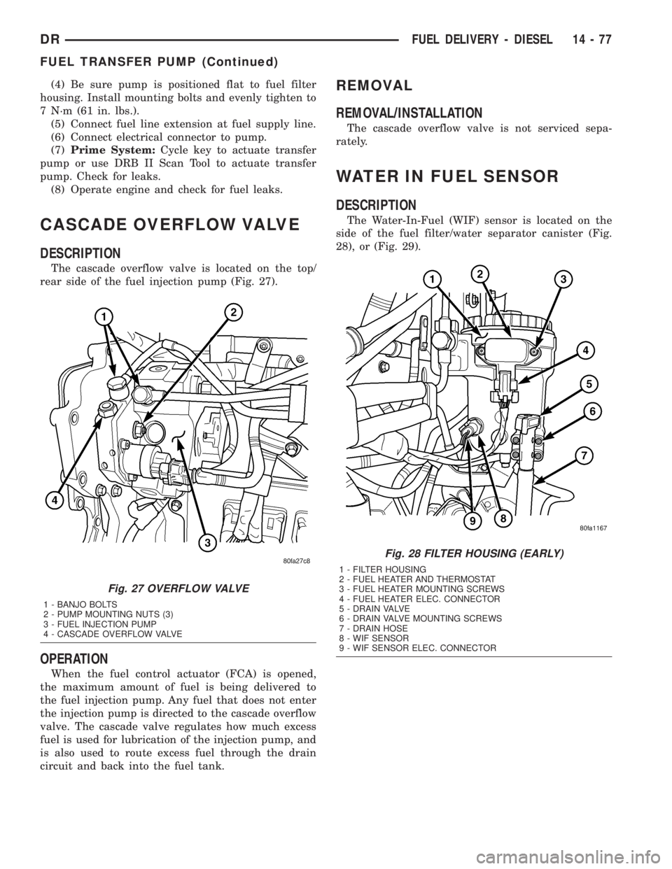 DODGE RAM 2003  Service Repair Manual (4) Be sure pump is positioned flat to fuel filter
housing. Install mounting bolts and evenly tighten to
7 N´m (61 in. lbs.).
(5) Connect fuel line extension at fuel supply line.
(6) Connect electric