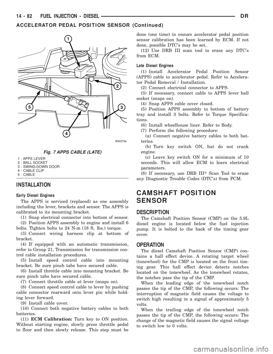 DODGE RAM 2003  Service Repair Manual INSTALLATION
Early Diesel Engines
The APPS is serviced (replaced) as one assembly
including the lever, brackets and sensor. The APPS is
calibrated to its mounting bracket.
(1) Snap electrical connecto