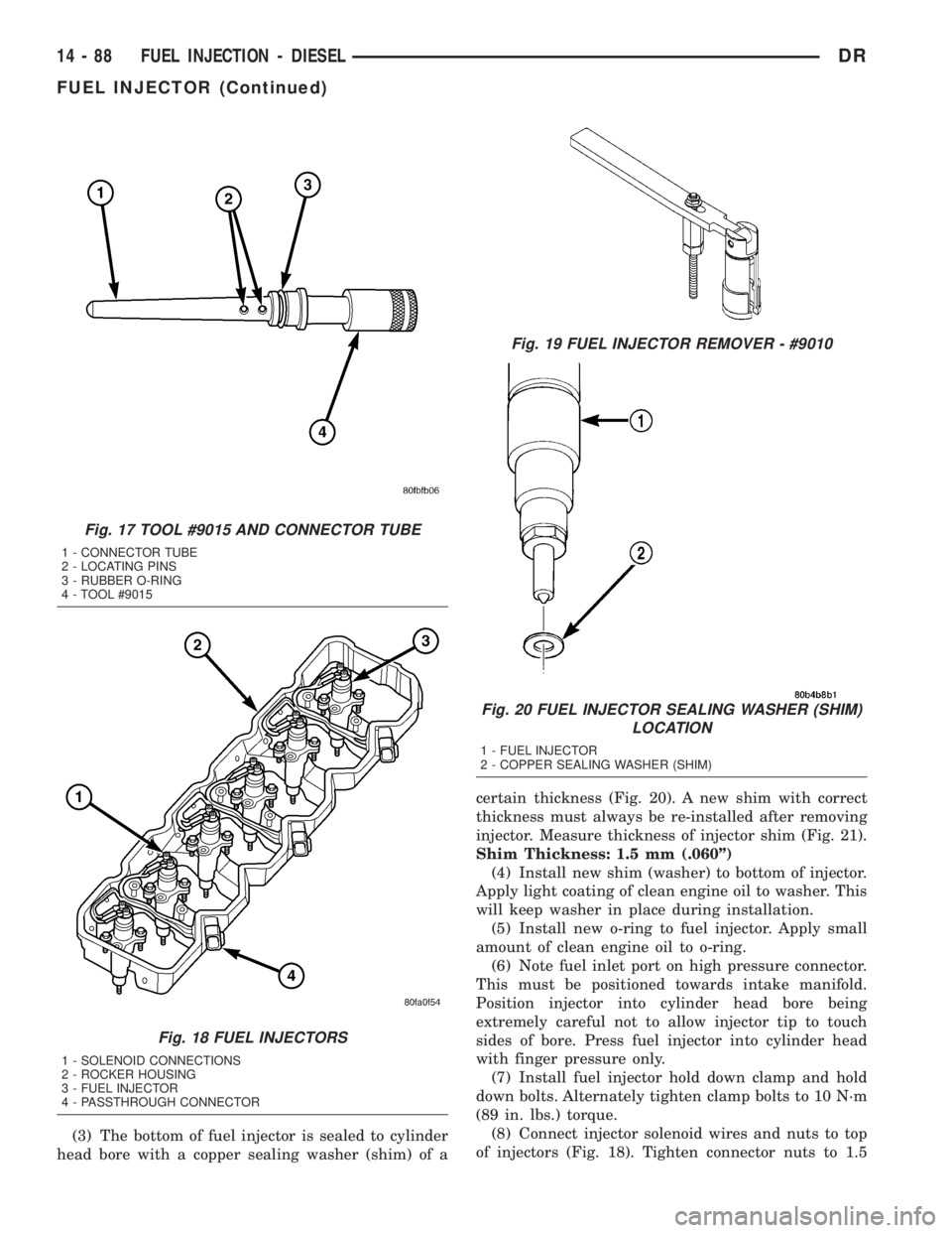 DODGE RAM 2003  Service Repair Manual (3) The bottom of fuel injector is sealed to cylinder
head bore with a copper sealing washer (shim) of acertain thickness (Fig. 20). A new shim with correct
thickness must always be re-installed after