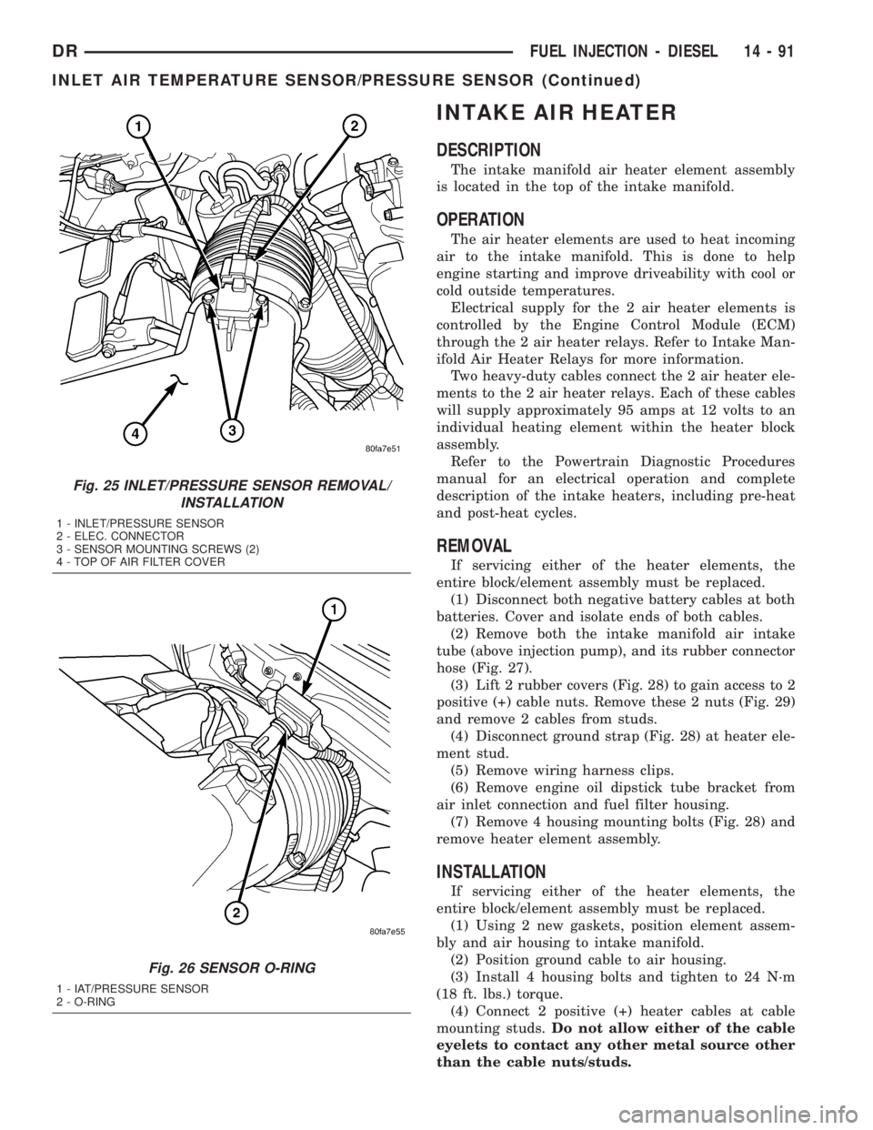 DODGE RAM 2003 Service Repair Manual INTAKE AIR HEATER
DESCRIPTION
The intake manifold air heater element assembly
is located in the top of the intake manifold.
OPERATION
The air heater elements are used to heat incoming
air to the intak DODGE RAM 2003 Service Repair Manual INTAKE AIR HEATER
DESCRIPTION
The intake manifold air heater element assembly
is located in the top of the intake manifold.
OPERATION
The air heater elements are used to heat incoming
air to the intak