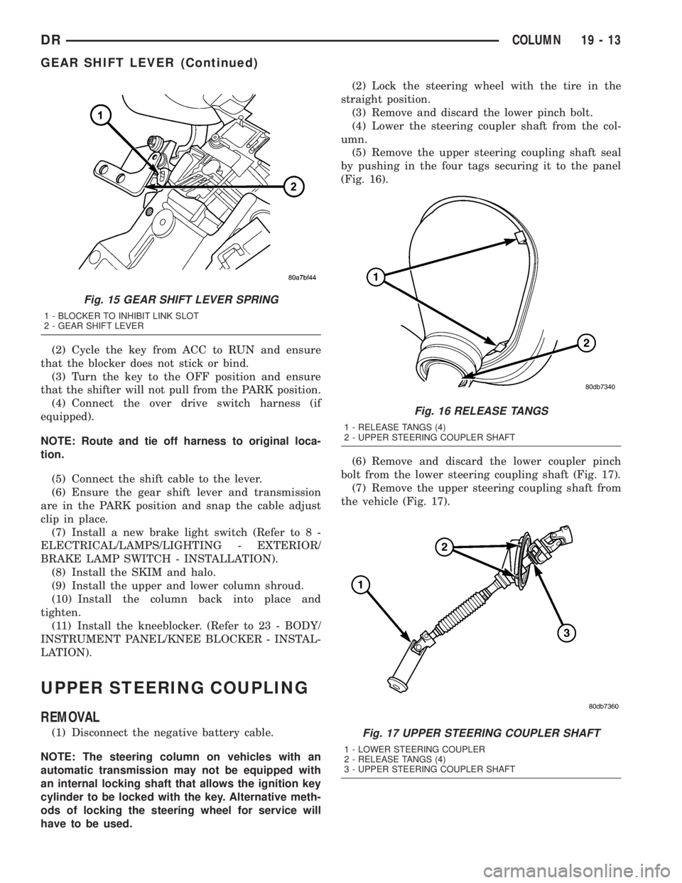 DODGE RAM 2003  Service Repair Manual (2) Cycle the key from ACC to RUN and ensure
that the blocker does not stick or bind.
(3) Turn the key to the OFF position and ensure
that the shifter will not pull from the PARK position.
(4) Connect