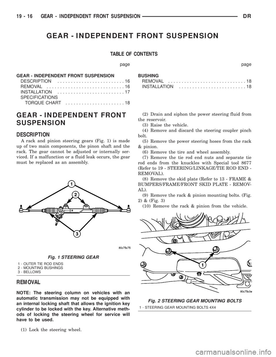 DODGE RAM 2003  Service Repair Manual GEAR - INDEPENDENT FRONT SUSPENSION
TABLE OF CONTENTS
page page
GEAR - INDEPENDENT FRONT SUSPENSION
DESCRIPTION.........................16
REMOVAL.............................16
INSTALLATION..........