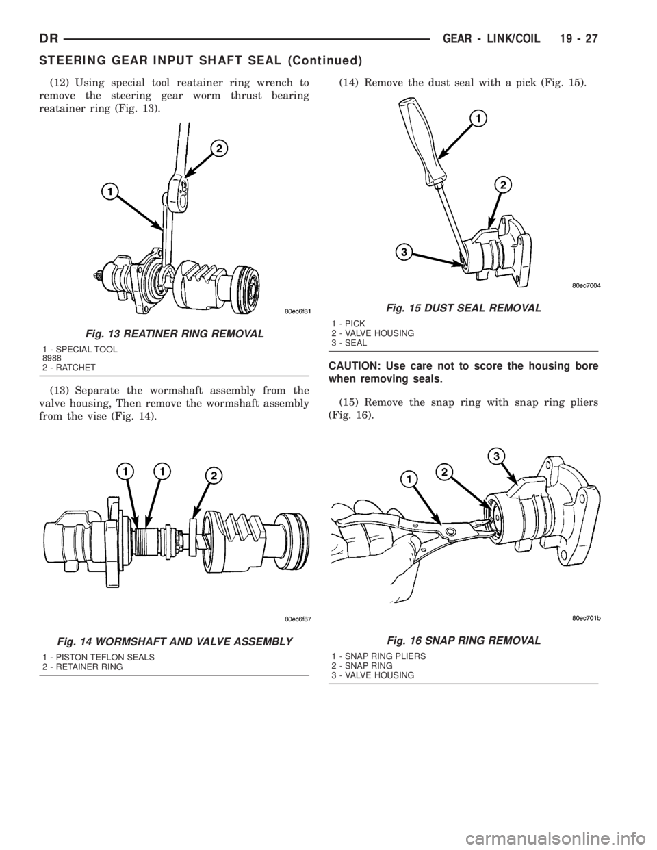 DODGE RAM 2003  Service Repair Manual (12) Using special tool reatainer ring wrench to
remove the steering gear worm thrust bearing
reatainer ring (Fig. 13).
(13) Separate the wormshaft assembly from the
valve housing, Then remove the wor