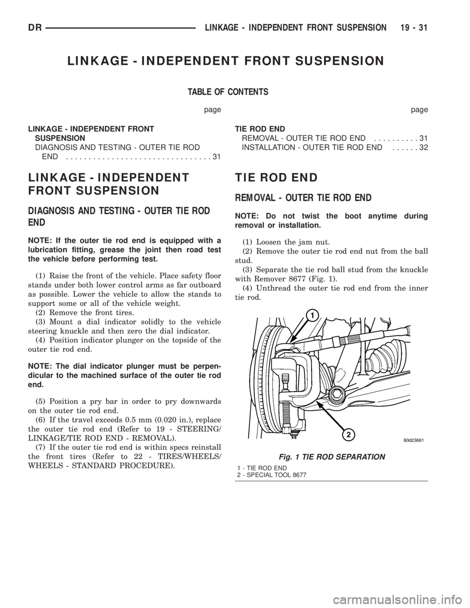 DODGE RAM 2003  Service Repair Manual LINKAGE - INDEPENDENT FRONT SUSPENSION
TABLE OF CONTENTS
page page
LINKAGE - INDEPENDENT FRONT
SUSPENSION
DIAGNOSIS AND TESTING - OUTER TIE ROD
END ................................31TIE ROD END
REMOVA