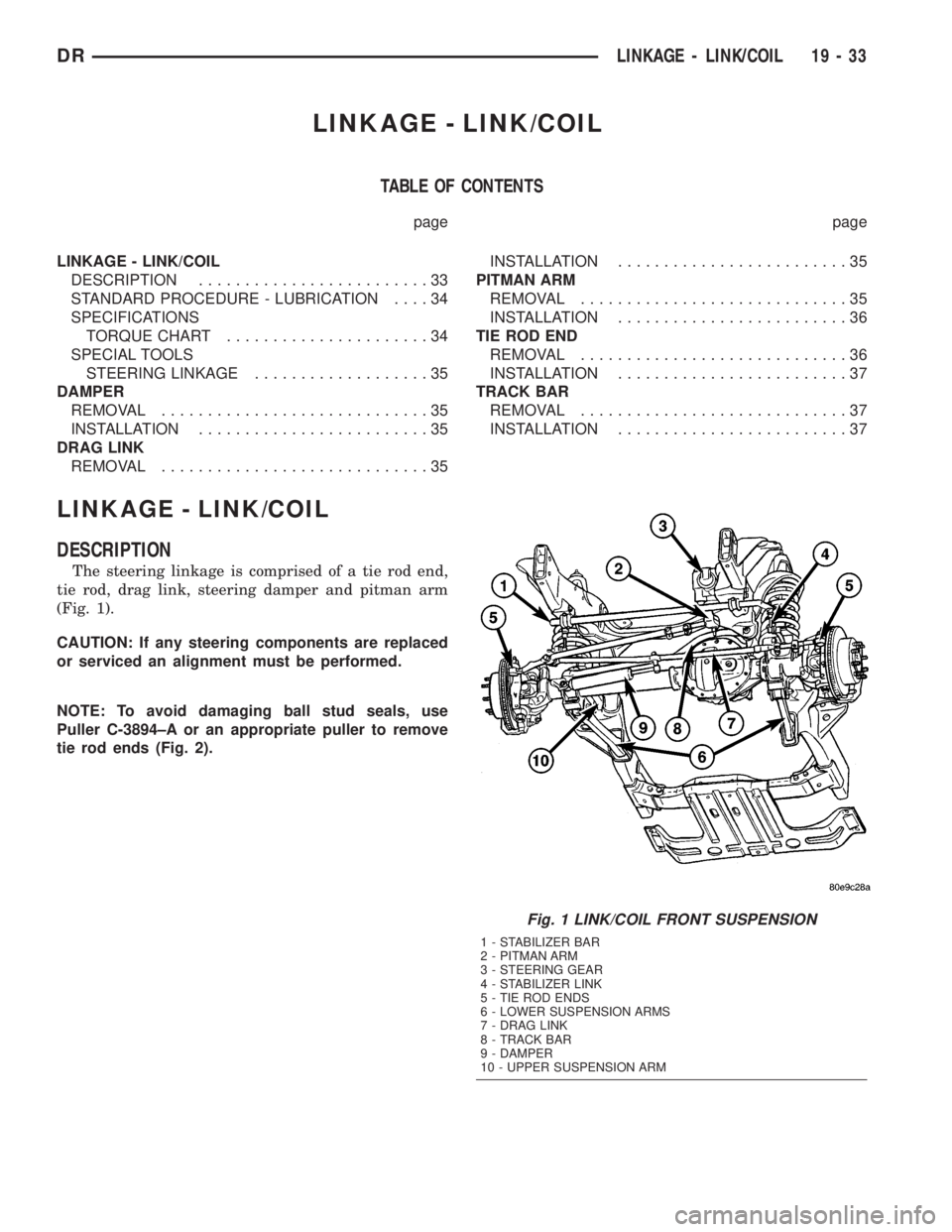 DODGE RAM 2003  Service Repair Manual LINKAGE - LINK/COIL
TABLE OF CONTENTS
page page
LINKAGE - LINK/COIL
DESCRIPTION.........................33
STANDARD PROCEDURE - LUBRICATION....34
SPECIFICATIONS
TORQUE CHART......................34
SP