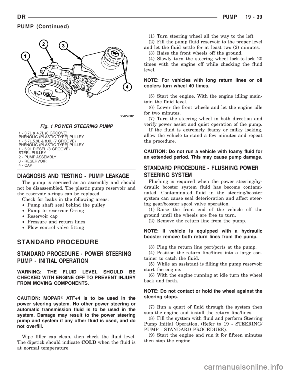 DODGE RAM 2003  Service Repair Manual DIAGNOSIS AND TESTING - PUMP LEAKAGE
The pump is serviced as an assembly and should
not be disassembled. The plastic pump reservoir and
the reservoir o-rings can be replaced.
Check for leaks in the fo