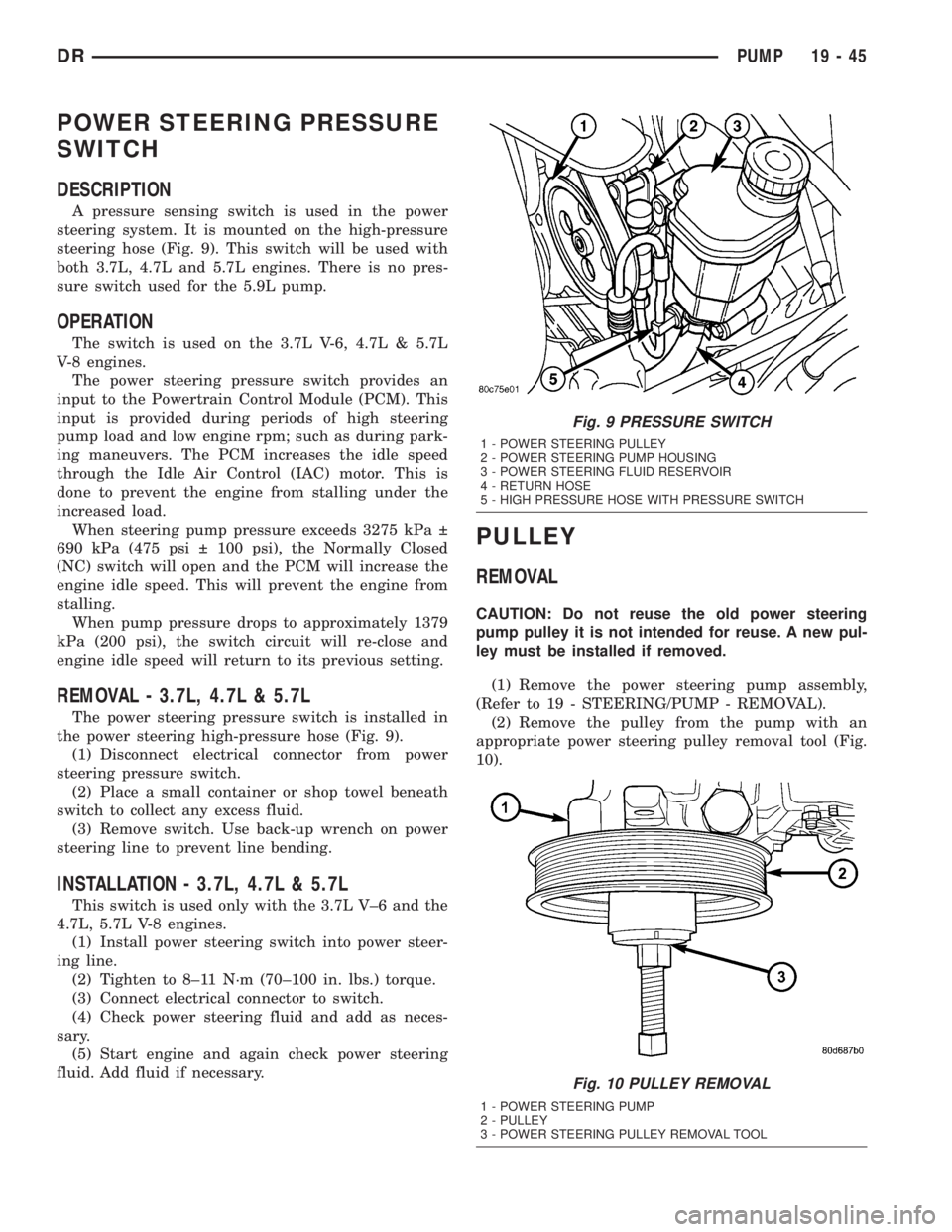 DODGE RAM 2003  Service Repair Manual POWER STEERING PRESSURE
SWITCH
DESCRIPTION
A pressure sensing switch is used in the power
steering system. It is mounted on the high-pressure
steering hose (Fig. 9). This switch will be used with
both