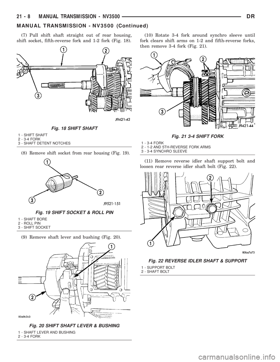 DODGE RAM 2003  Service Repair Manual (7) Pull shift shaft straight out of rear housing,
shift socket, fifth-reverse fork and 1-2 fork (Fig. 18).
(8)
Remove shift socket from rear housing (Fig. 19).
(9) Remove shaft lever and bushing (Fig