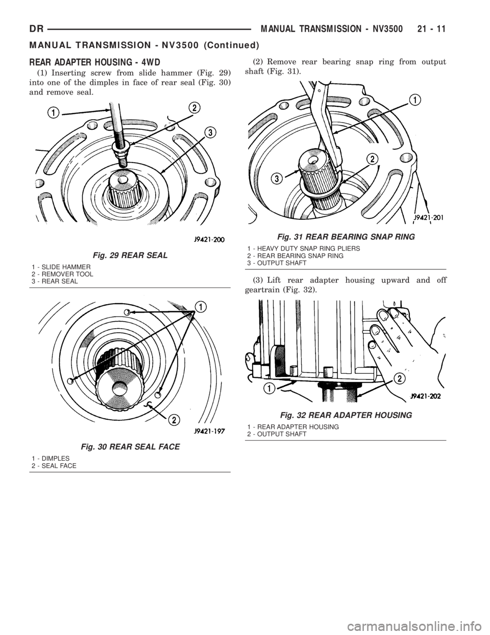 DODGE RAM 2003  Service Repair Manual REAR ADAPTER HOUSING - 4WD
(1) Inserting screw from slide hammer (Fig. 29)
into one of the dimples in face of rear seal (Fig. 30)
and remove seal.(2) Remove rear bearing snap ring from output
shaft (F