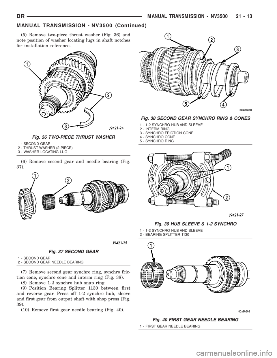 DODGE RAM 2003  Service Repair Manual (5) Remove two-piece thrust washer (Fig. 36) and
note position of washer locating lugs in shaft notches
for installation reference.
(6) Remove second gear and needle bearing (Fig.
37).
(7) Remove seco