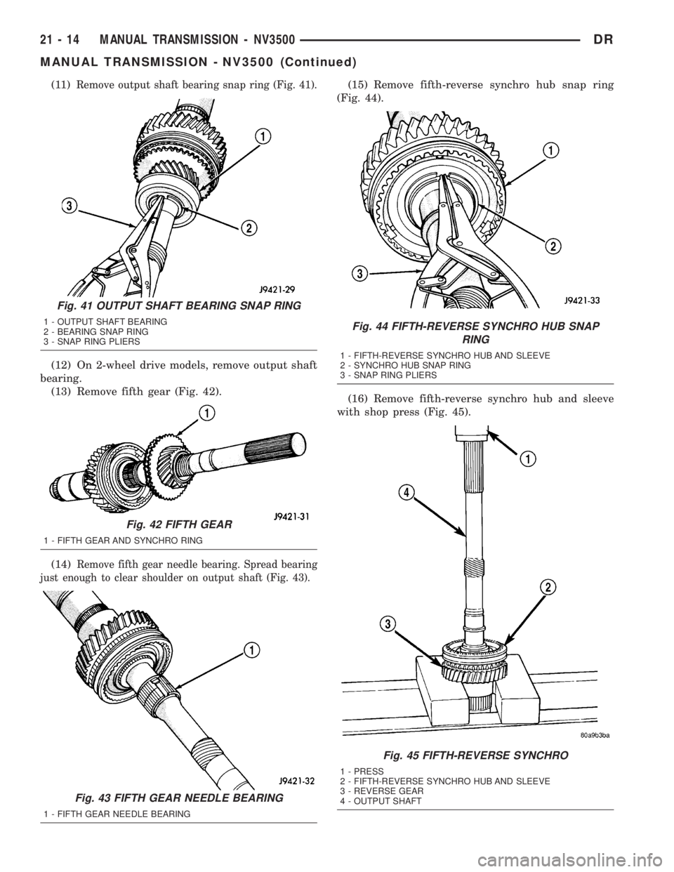 DODGE RAM 2003  Service Repair Manual (11)Remove output shaft bearing snap ring (Fig. 41).
(12) On 2-wheel drive models, remove output shaft
bearing.
(13) Remove fifth gear (Fig. 42).
(14)
Remove fifth gear needle bearing. Spread bearing
