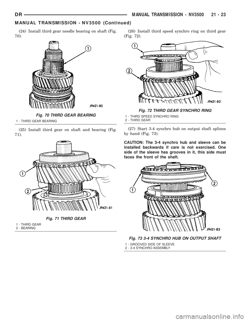 DODGE RAM 2003  Service Repair Manual (24) Install third gear needle bearing on shaft (Fig.
70).
(25) Install third gear on shaft and bearing (Fig.
71).(26) Install third speed synchro ring on third gear
(Fig. 72).
(27) Start 3-4 synchro 