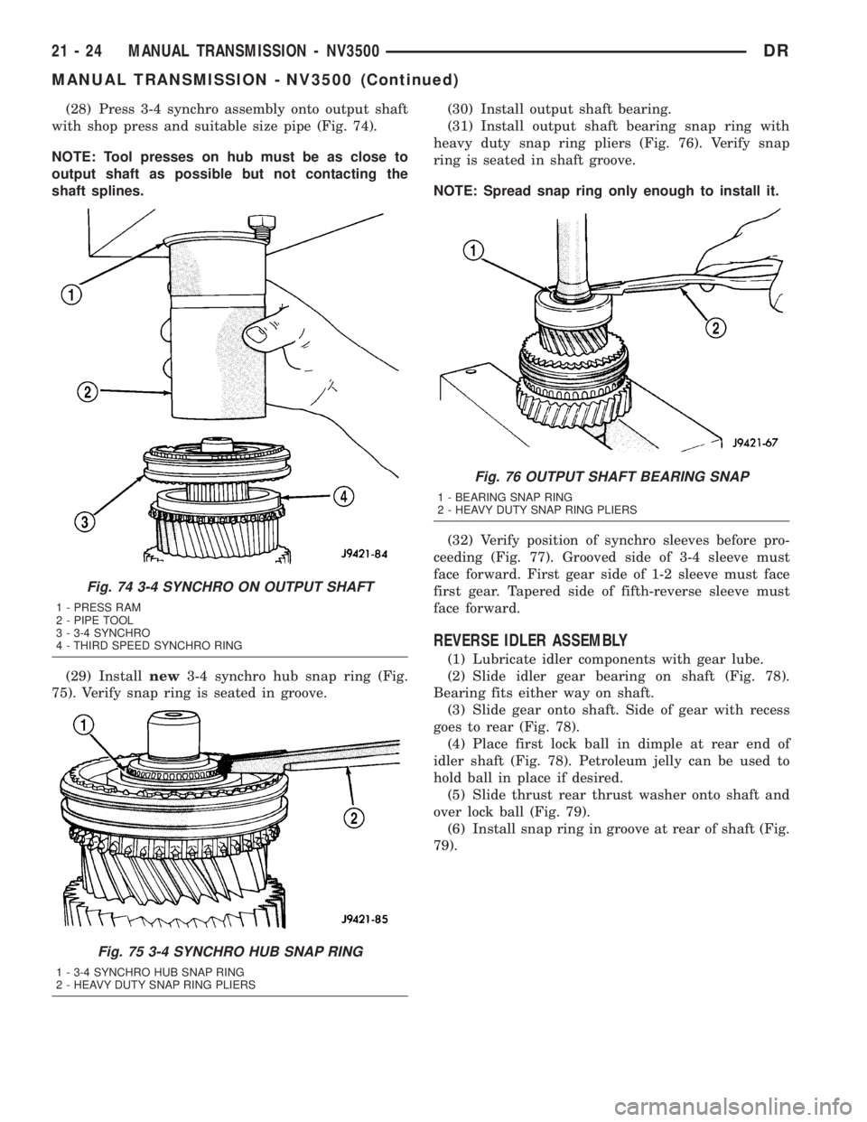 DODGE RAM 2003  Service Repair Manual (28) Press 3-4 synchro assembly onto output shaft
with shop press and suitable size pipe (Fig. 74).
NOTE: Tool presses on hub must be as close to
output shaft as possible but not contacting the
shaft 
