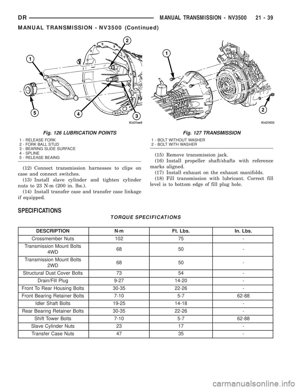 DODGE RAM 2003  Service Repair Manual (12) Connect transmission harnesses to clips on
case and connect switches.
(13) Install slave cylinder and tighten cylinder
nuts to 23 N´m (200 in. lbs.).
(14) Install transfer case and transfer case
