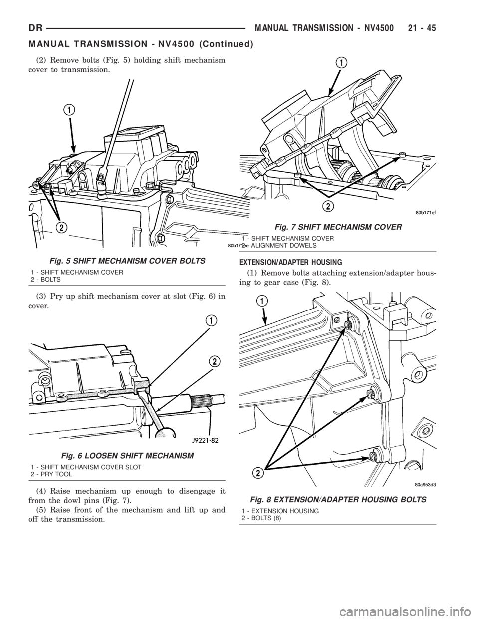 DODGE RAM 2003  Service Repair Manual (2) Remove bolts (Fig. 5) holding shift mechanism
cover to transmission.
(3) Pry up shift mechanism cover at slot (Fig. 6) in
cover.
(4) Raise mechanism up enough to disengage it
from the dowl pins (F