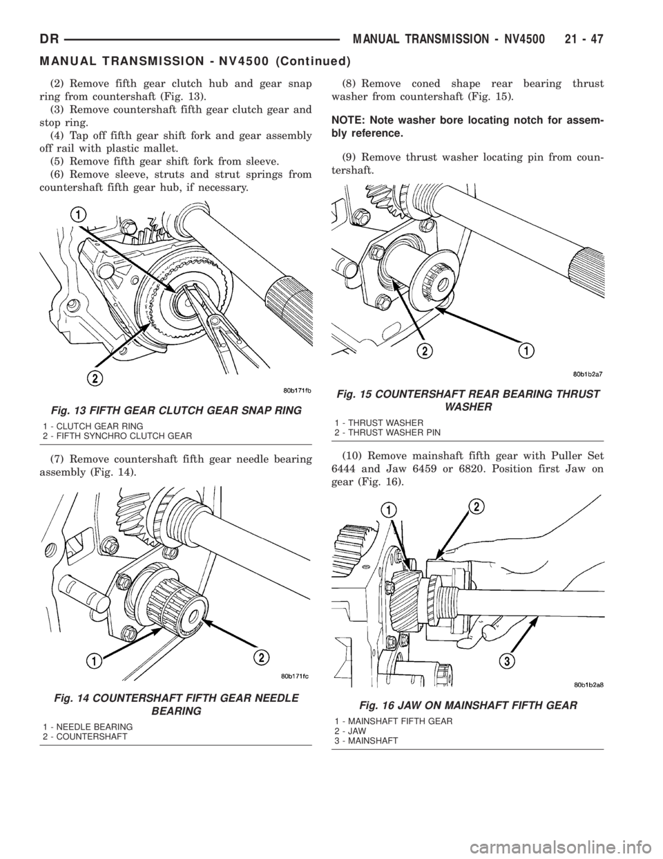DODGE RAM 2003  Service Repair Manual (2) Remove fifth gear clutch hub and gear snap
ring from countershaft (Fig. 13).
(3) Remove countershaft fifth gear clutch gear and
stop ring.
(4) Tap off fifth gear shift fork and gear assembly
off r