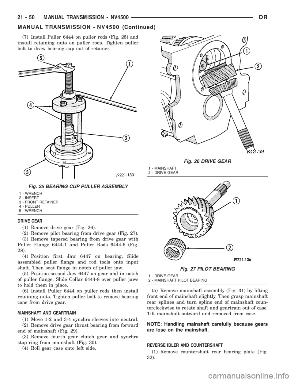 DODGE RAM 2003  Service Repair Manual (7) Install Puller 6444 on puller rods (Fig. 25) and
install retaining nuts on puller rods. Tighten puller
bolt to draw bearing cup out of retainer.
DRIVE GEAR
(1) Remove drive gear (Fig. 26).
(2) Rem