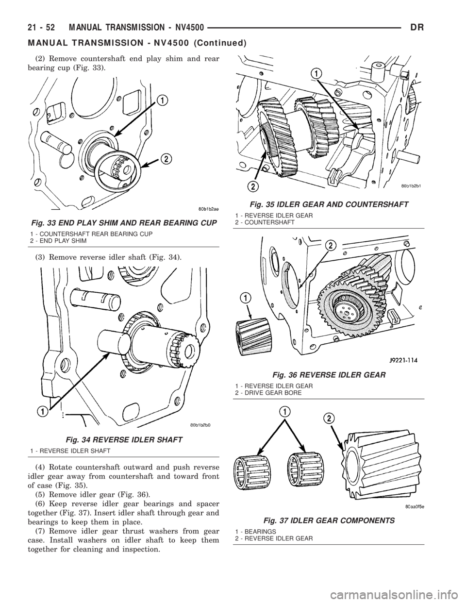 DODGE RAM 2003 Service Repair Manual (2) Remove countershaft end play shim and rear
bearing cup (Fig. 33).
(3) Remove reverse idler shaft (Fig. 34).
(4) Rotate countershaft outward and push reverse
idler gear away from countershaft and t DODGE RAM 2003 Service Repair Manual (2) Remove countershaft end play shim and rear
bearing cup (Fig. 33).
(3) Remove reverse idler shaft (Fig. 34).
(4) Rotate countershaft outward and push reverse
idler gear away from countershaft and t