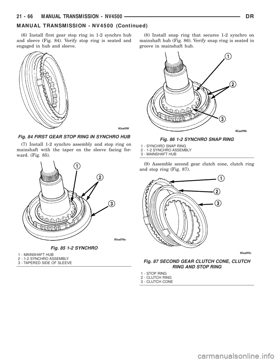 DODGE RAM 2003  Service Repair Manual (6) Install first gear stop ring in 1-2 synchro hub
and sleeve (Fig. 84). Verify stop ring is seated and
engaged in hub and sleeve.
(7) Install 1-2 synchro assembly and stop ring on
mainshaft with the