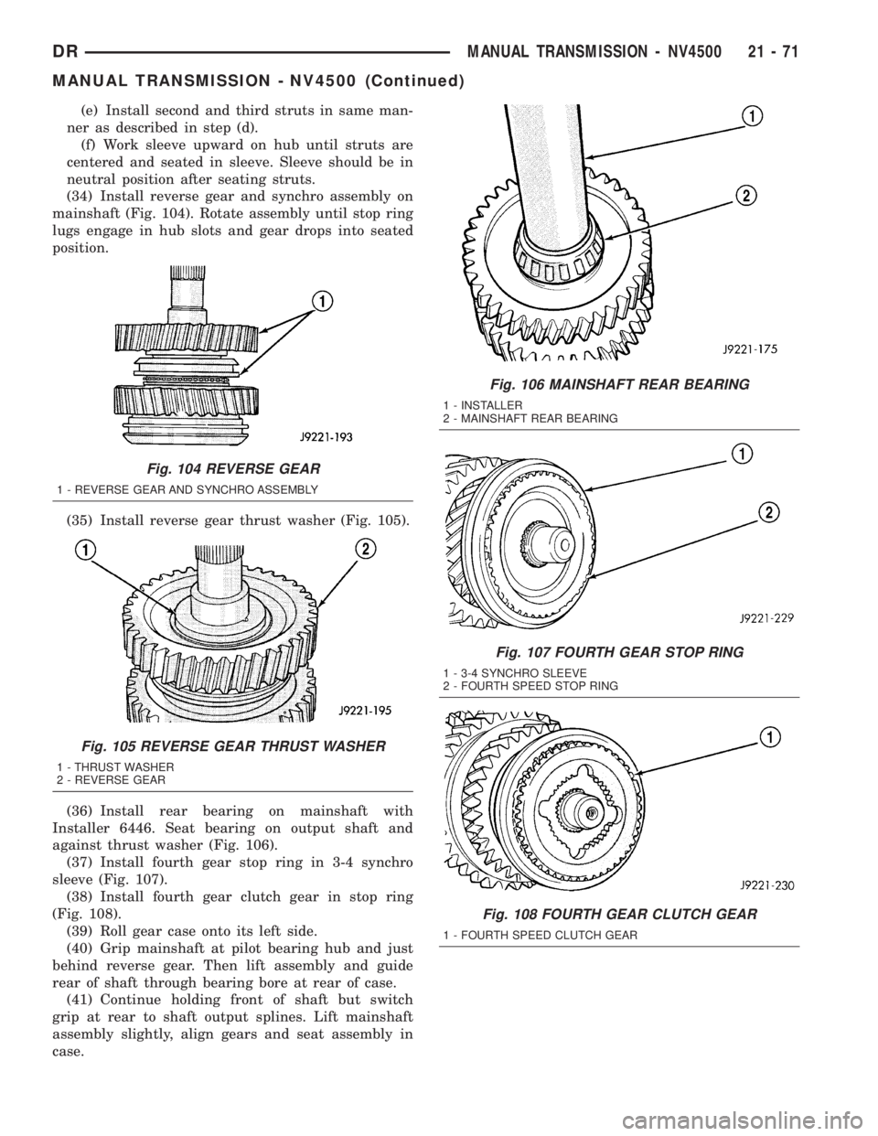 DODGE RAM 2003  Service Repair Manual (e) Install second and third struts in same man-
ner as described in step (d).
(f) Work sleeve upward on hub until struts are
centered and seated in sleeve. Sleeve should be in
neutral position after 