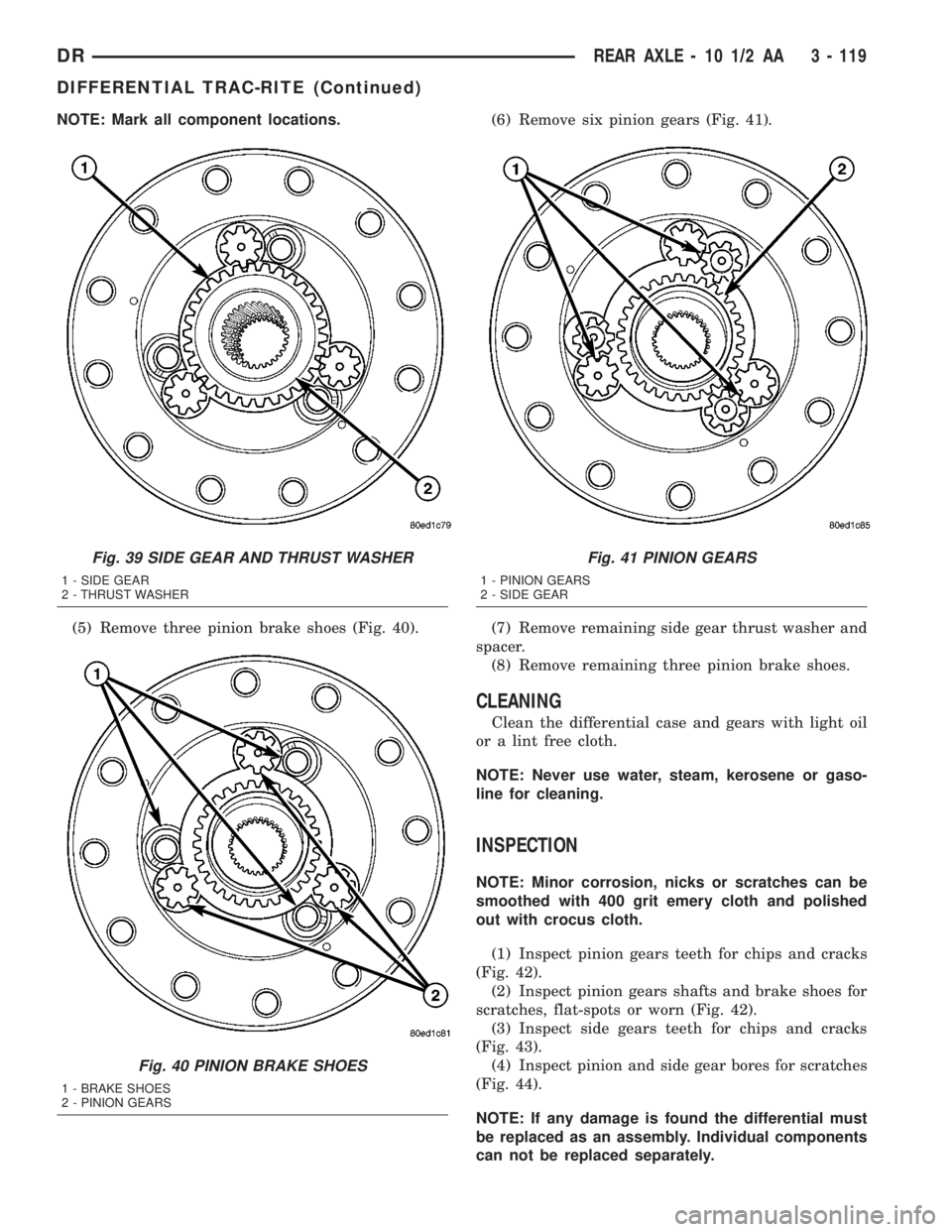 DODGE RAM 2003 Service Repair Manual NOTE: Mark all component locations.
(5) Remove three pinion brake shoes (Fig. 40).(6) Remove six pinion gears (Fig. 41).
(7) Remove remaining side gear thrust washer and
spacer.
(8) Remove remaining t DODGE RAM 2003 Service Repair Manual NOTE: Mark all component locations.
(5) Remove three pinion brake shoes (Fig. 40).(6) Remove six pinion gears (Fig. 41).
(7) Remove remaining side gear thrust washer and
spacer.
(8) Remove remaining t