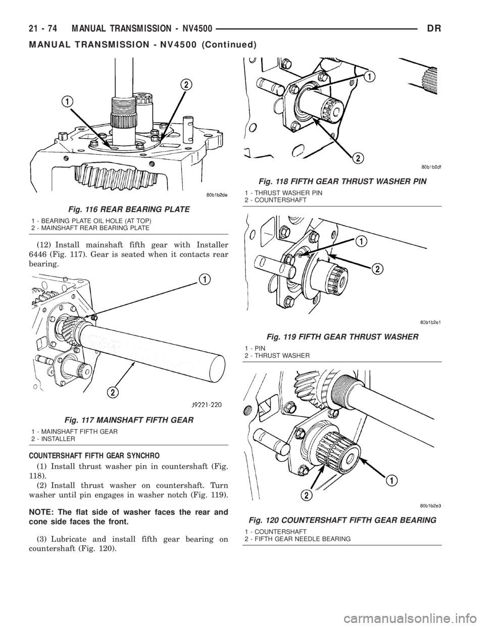DODGE RAM 2003  Service Repair Manual (12) Install mainshaft fifth gear with Installer
6446 (Fig. 117). Gear is seated when it contacts rear
bearing.
COUNTERSHAFT FIFTH GEAR SYNCHRO
(1) Install thrust washer pin in countershaft (Fig.
118)