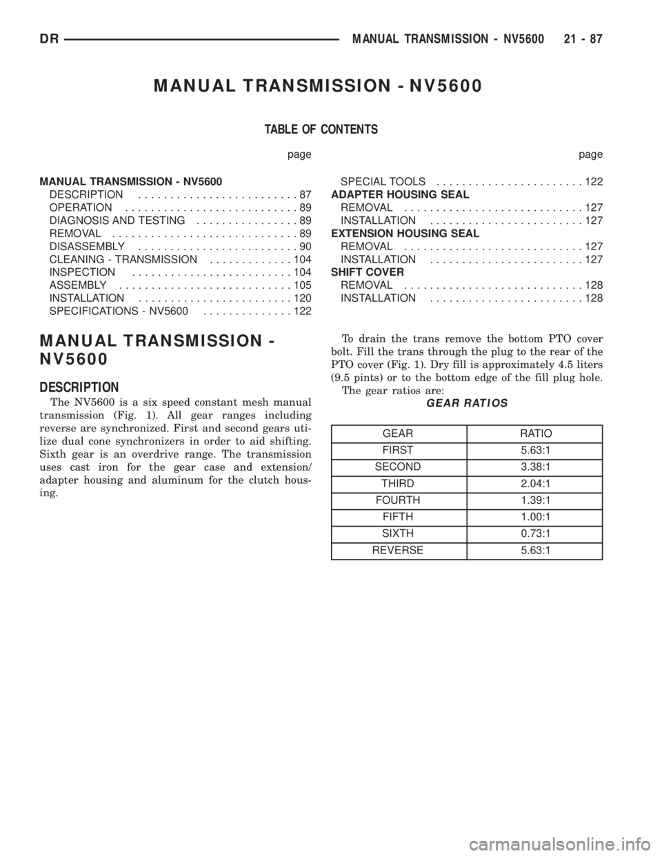 DODGE RAM 2003  Service Repair Manual MANUAL TRANSMISSION - NV5600
TABLE OF CONTENTS
page page
MANUAL TRANSMISSION - NV5600
DESCRIPTION.........................87
OPERATION...........................89
DIAGNOSIS AND TESTING...............