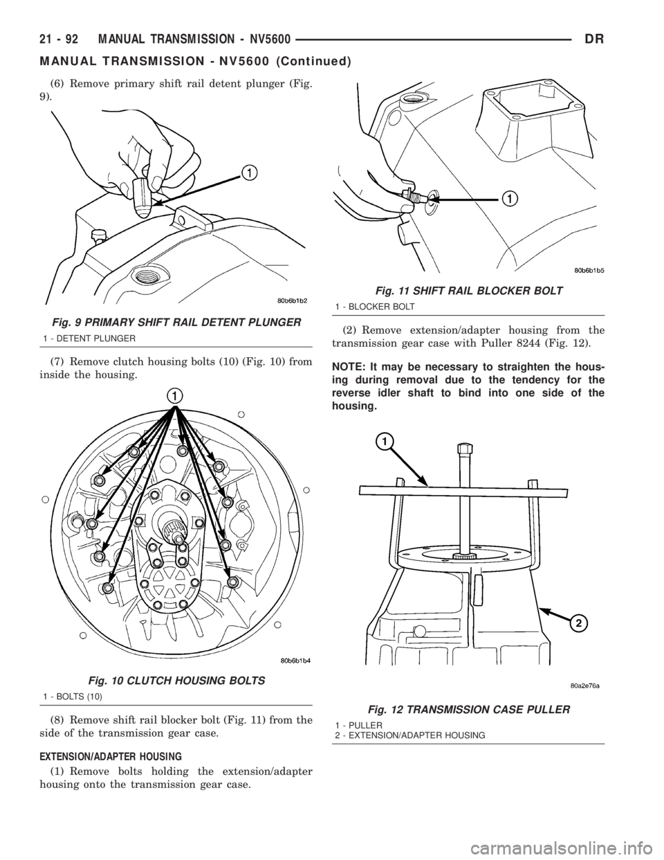 DODGE RAM 2003  Service Repair Manual (6) Remove primary shift rail detent plunger (Fig.
9).
(7) Remove clutch housing bolts (10) (Fig. 10) from
inside the housing.
(8) Remove shift rail blocker bolt (Fig. 11) from the
side of the transmi