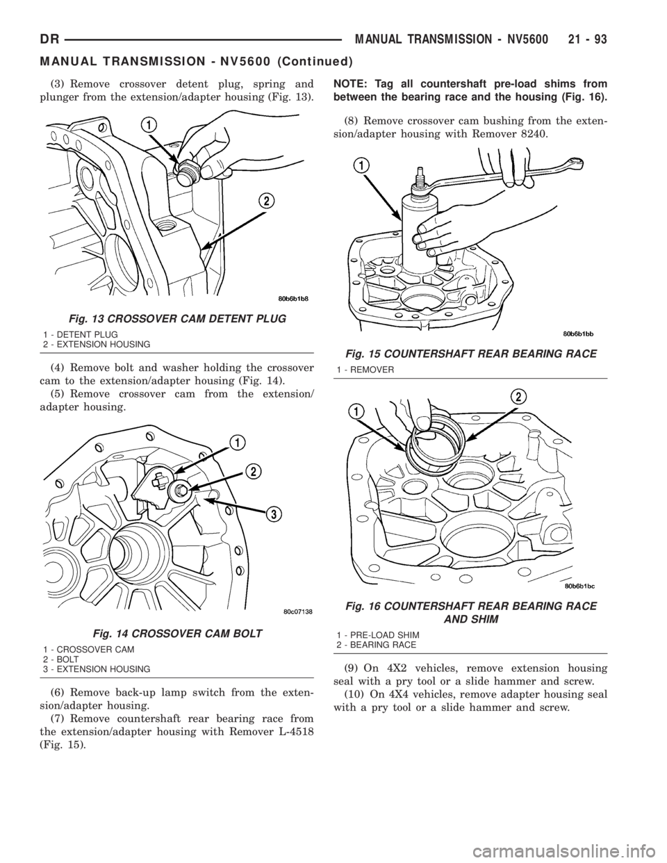 DODGE RAM 2003  Service Repair Manual (3) Remove crossover detent plug, spring and
plunger from the extension/adapter housing (Fig. 13).
(4) Remove bolt and washer holding the crossover
cam to the extension/adapter housing (Fig. 14).
(5) 