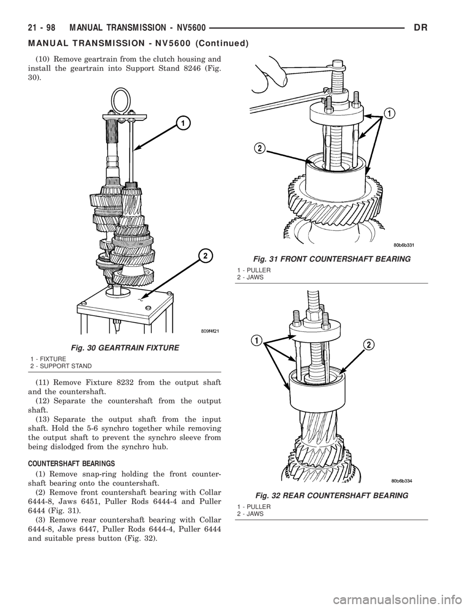 DODGE RAM 2003  Service Repair Manual (10) Remove geartrain from the clutch housing and
install the geartrain into Support Stand 8246 (Fig.
30).
(11) Remove Fixture 8232 from the output shaft
and the countershaft.
(12) Separate the counte